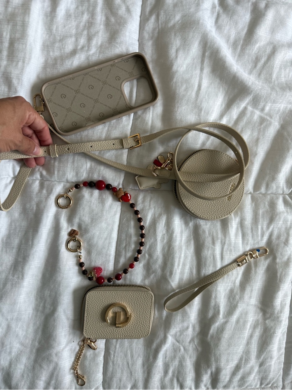 Beige Leather CUSTYPE Crossbody Bag with Coin Pouch and Strap BUNDLE